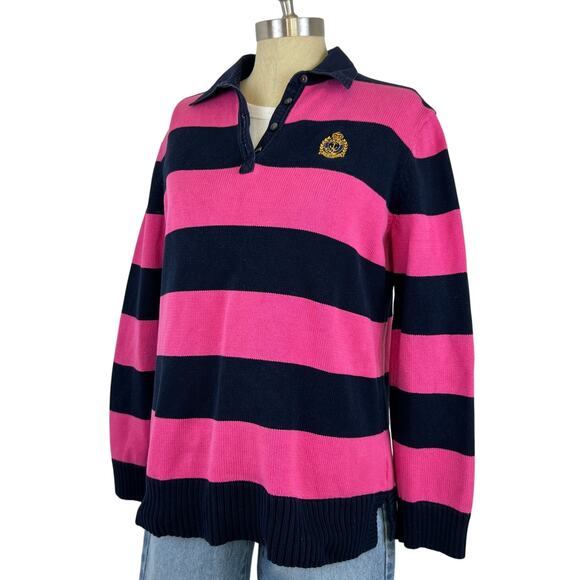 Lauren Ralph Lauren Pink Navy Blue Striped Collared V-Neck Sweater (Sz L) - Picture 2 of 14